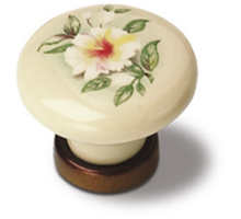 Knop ivoor porselein met bloemmotief, 30mm, voetje oud brons