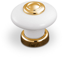 Knop wit porselein met vergulde voet, diameter knop 37mm