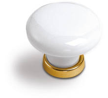 Knop wit porselein met vergulde voet, diameter knop 30mm