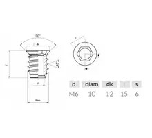 Rampabus staal met rand M6, lengte 15mm, kop 12mm